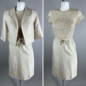 Vtg 60s Frederick Nelson Cream Lace Sheath Dress & Matching Jacket Size Small